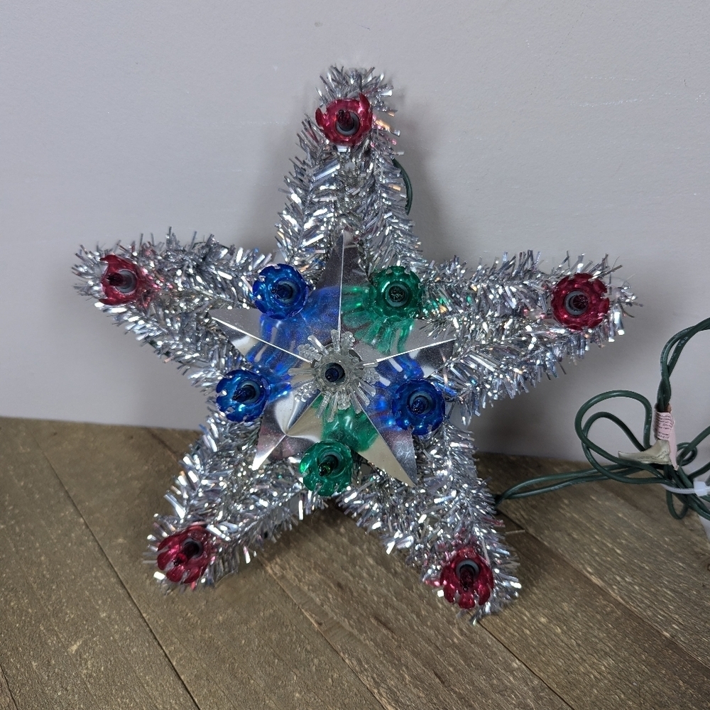 Vintage Tinsel Christmas Tree Topper Star – 8” Multicolor Lights